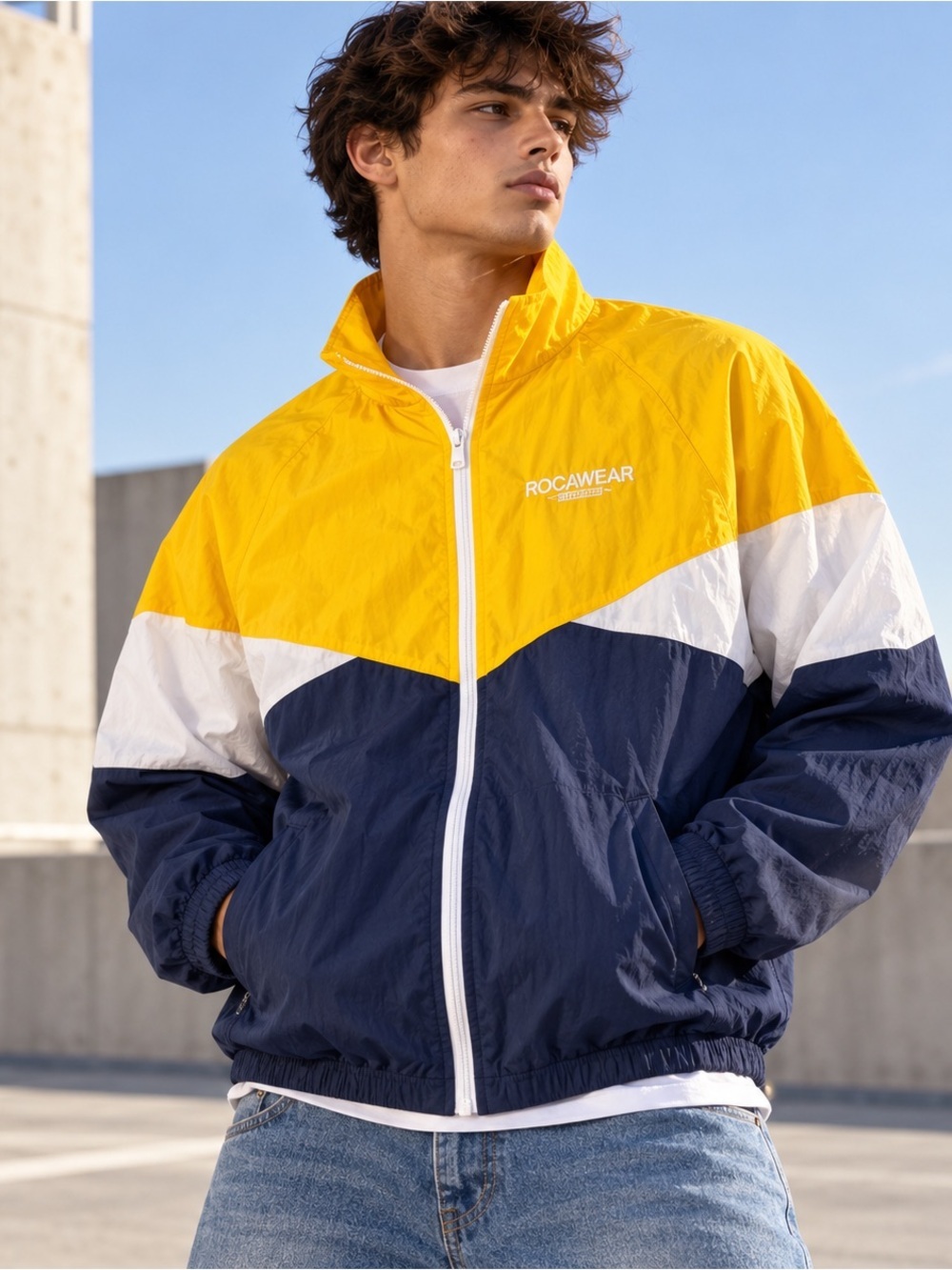 Vtg Rockawear Windbreaker Jacket Mens Small Full Zip Yellow Blue NOS Y2K